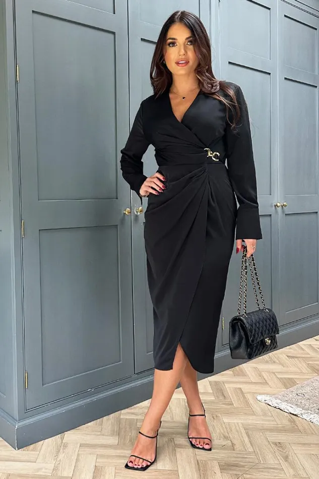AX Paris Black Wrap Gold Buckle Midi Dress Women Dresses