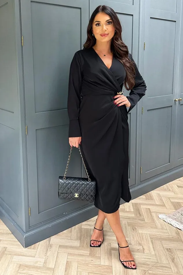 AX Paris Black Wrap Gold Buckle Midi Dress Women Dresses