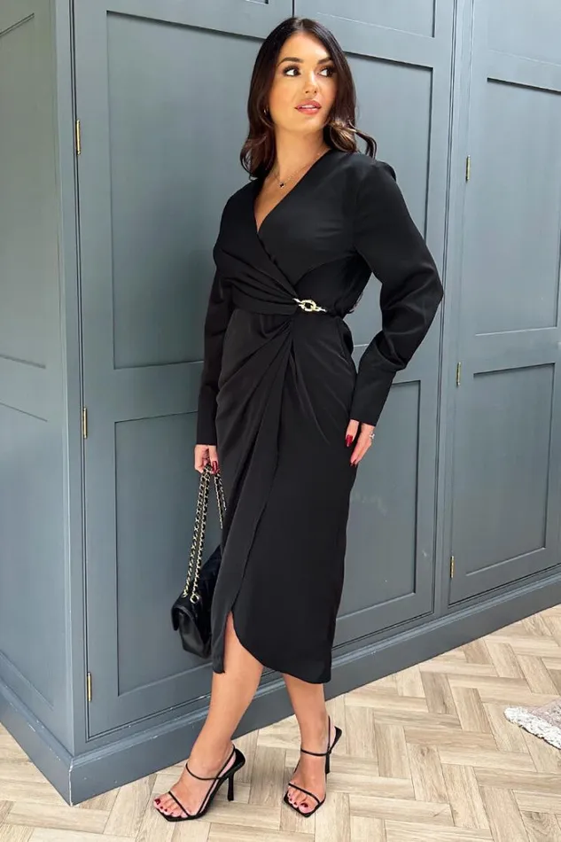 AX Paris Black Wrap Gold Buckle Midi Dress Women Dresses