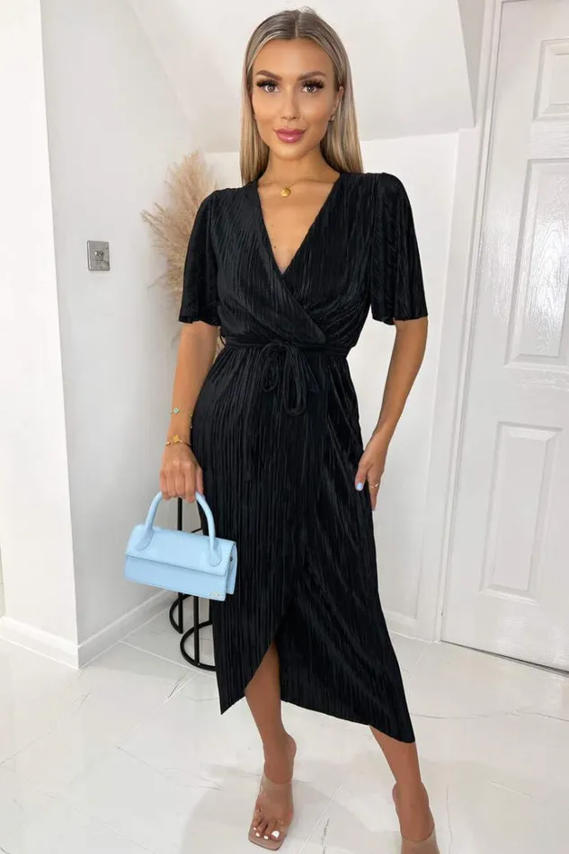 AX Paris Black Wrap Top Belted Short Sleeve Plisse Midi Dress Women Dresses