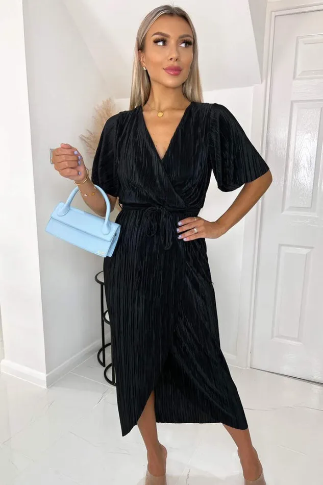 AX Paris Black Wrap Top Belted Short Sleeve Plisse Midi Dress Women Dresses