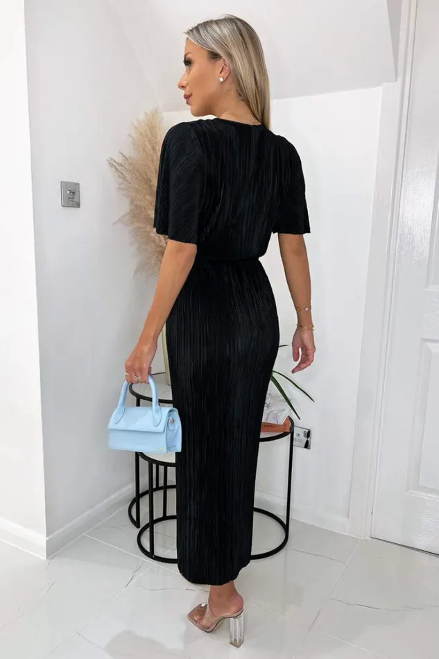 AX Paris Black Wrap Top Belted Short Sleeve Plisse Midi Dress Women Dresses