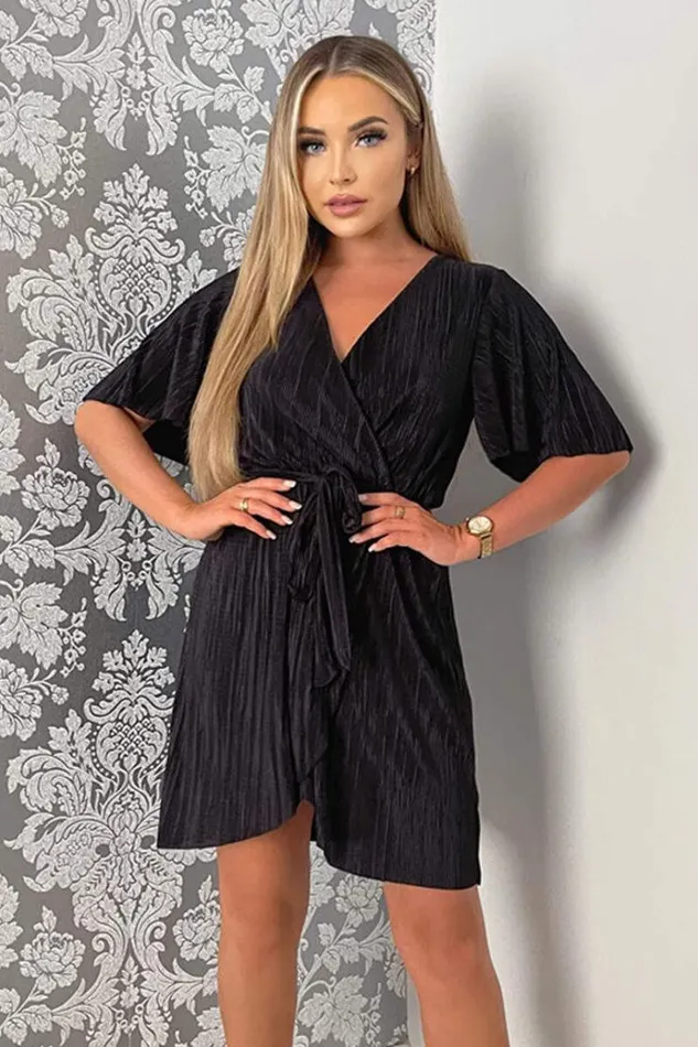 AX Paris Black Wrap Top Belted Short Sleeve Plisse Mini Dress Women Dresses