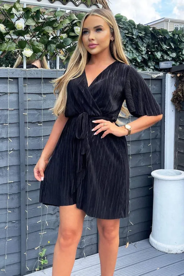 AX Paris Black Wrap Top Belted Short Sleeve Plisse Mini Dress Women Dresses