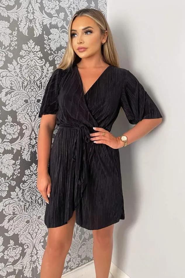 AX Paris Black Wrap Top Belted Short Sleeve Plisse Mini Dress Women Dresses