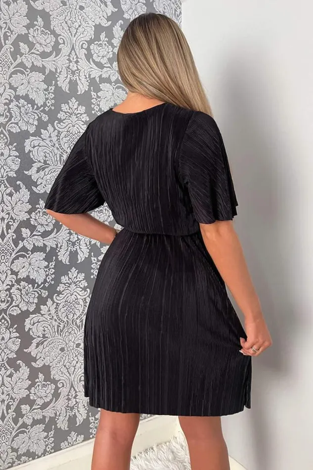 AX Paris Black Wrap Top Belted Short Sleeve Plisse Mini Dress Women Dresses