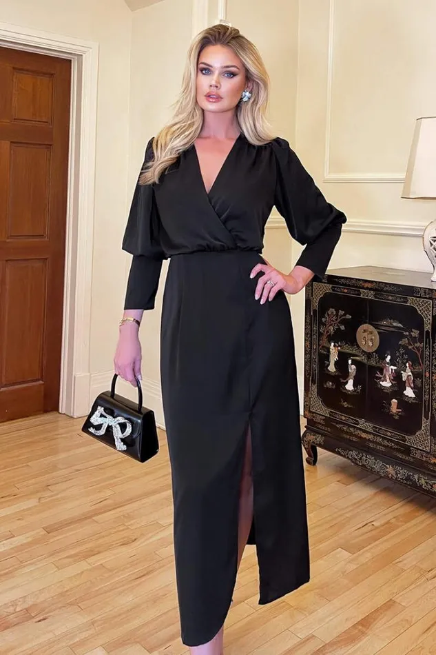 AX Paris Black Wrap Top Long Sleeve Midi Dress Women Dresses