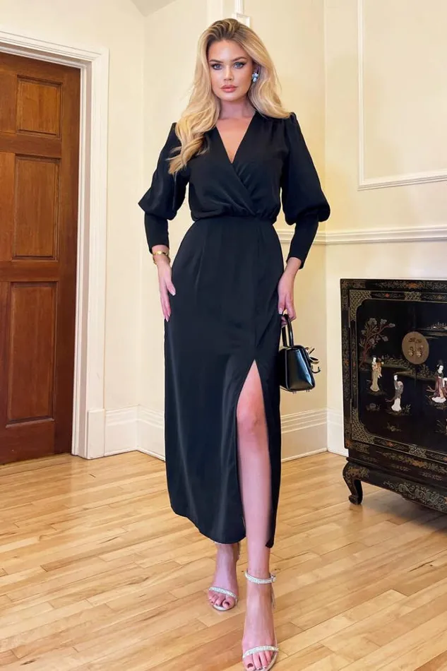 AX Paris Black Wrap Top Long Sleeve Midi Dress Women Dresses