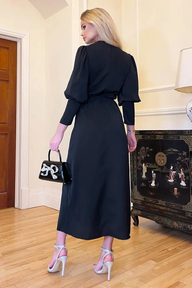 AX Paris Black Wrap Top Long Sleeve Midi Dress Women Dresses