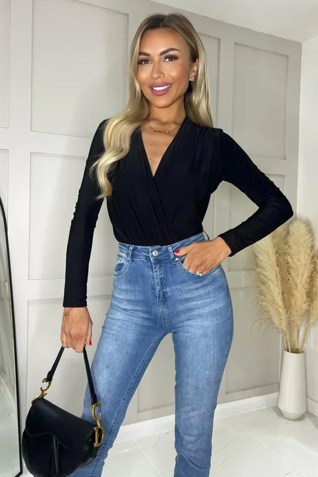 AX Paris Black Wrap Top Long Sleeve Slinky Bodysuit Women Bodysuits