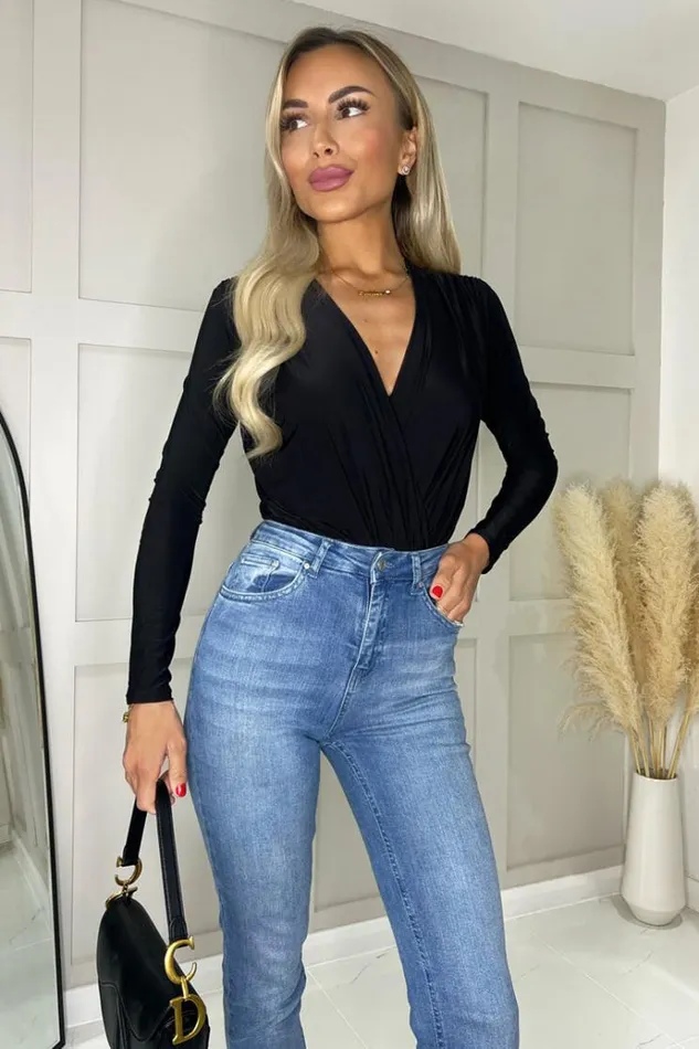 AX Paris Black Wrap Top Long Sleeve Slinky Bodysuit Women Bodysuits