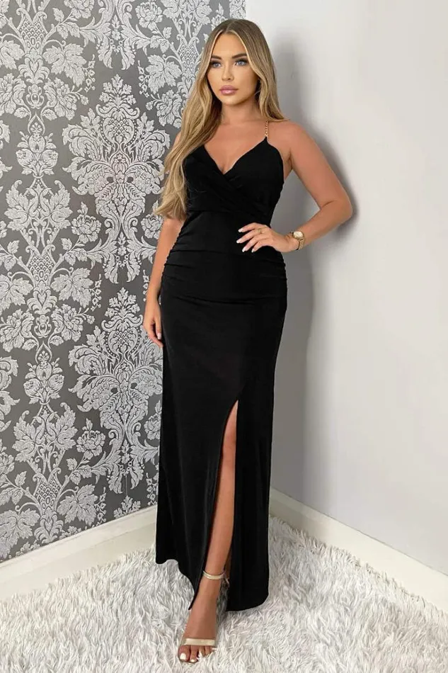 AX Paris Black Wrap Top Ruched Side Chain Strap Midi Dress Women Dresses