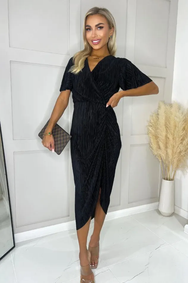 AX Paris Black Wrap Top Short Sleeve Plisse Gathered Midi Dress Women Dresses