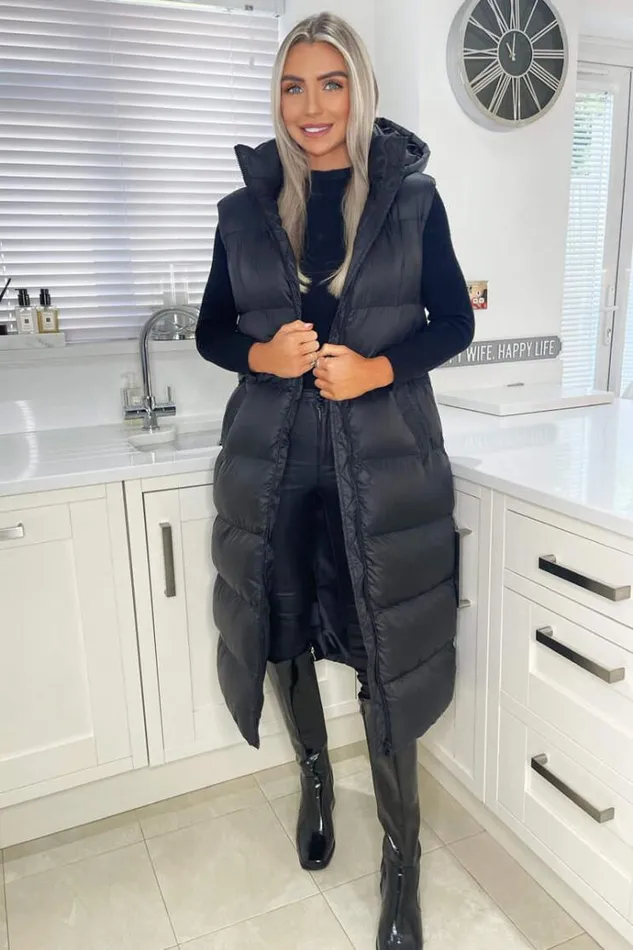 AX Paris Black Zip Up Hooded Gilet Women Coats and Jackets