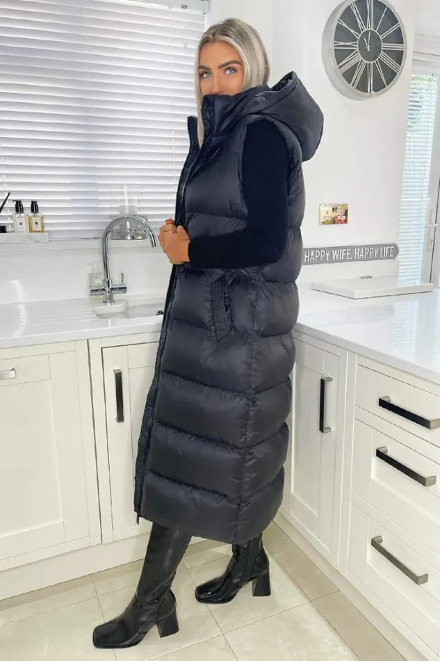 AX Paris Black Zip Up Hooded Gilet Women Coats and Jackets