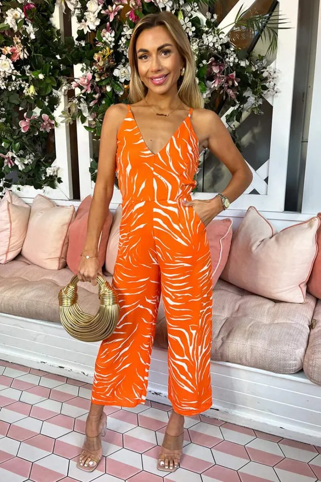 AX Paris Blood Orange Animal Print V Neck Jumpsuit Women Jumpsuits And Playsuits