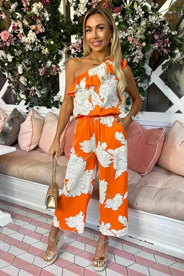 AX Paris Blood Orange Floral Print One Shoulder Jumpsuit Women Jumpsuits And Playsuits