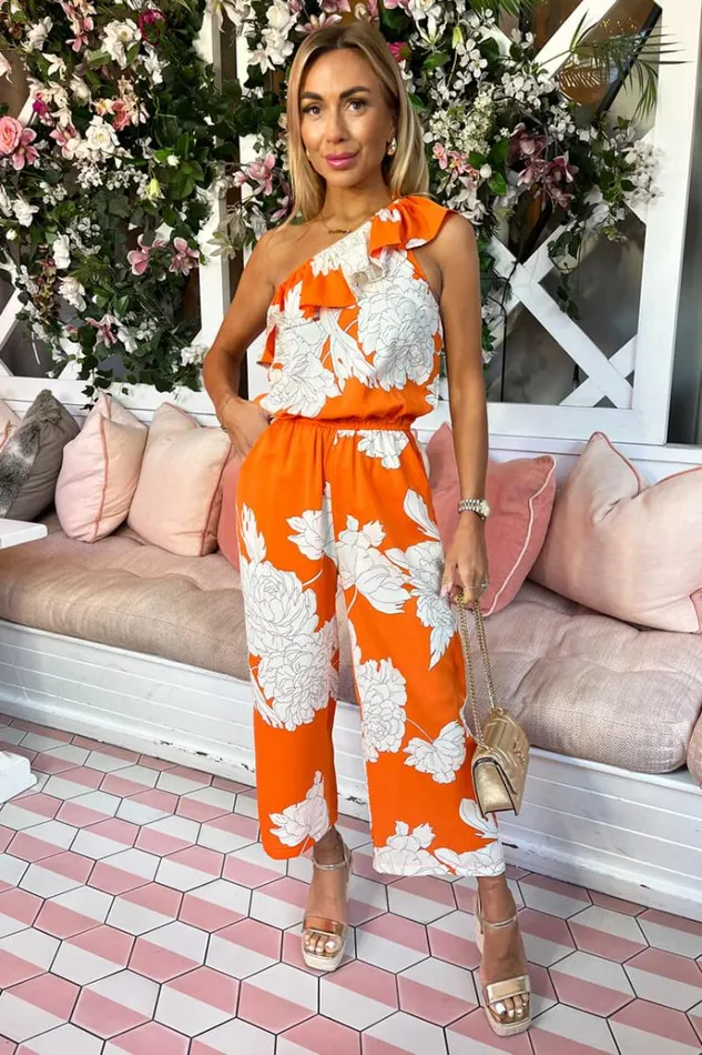 AX Paris Blood Orange Floral Print One Shoulder Jumpsuit Women Jumpsuits And Playsuits