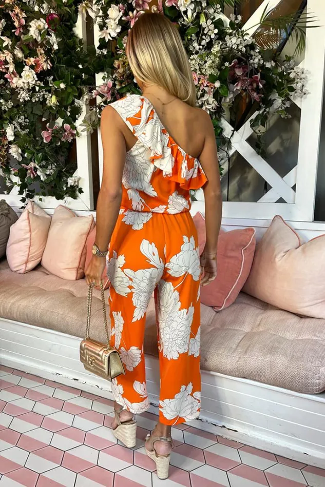 AX Paris Blood Orange Floral Print One Shoulder Jumpsuit Women Jumpsuits And Playsuits
