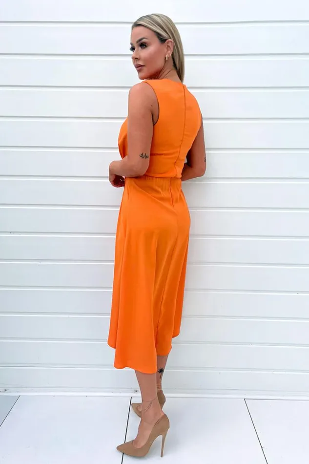 AX Paris Blood Orange Gathered Midi Dress With Shoulder Pads Women Dresses