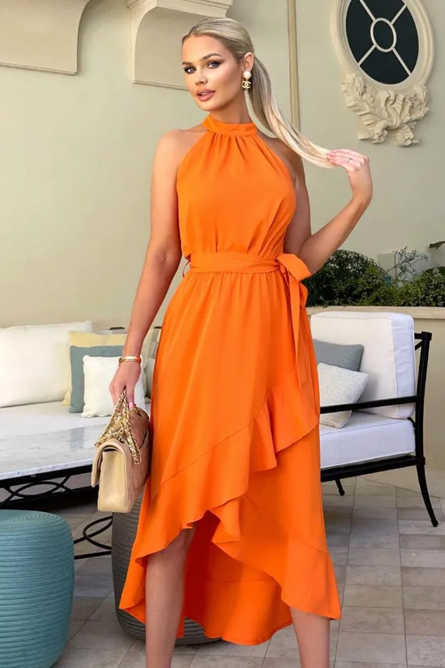 AX Paris Blood Orange Halterneck Dipped Hem Midi Dress Women Dresses