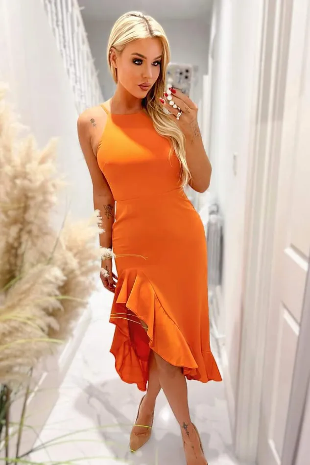 AX Paris Blood Orange High Neck Frill Hem Midi Dress Women Dresses