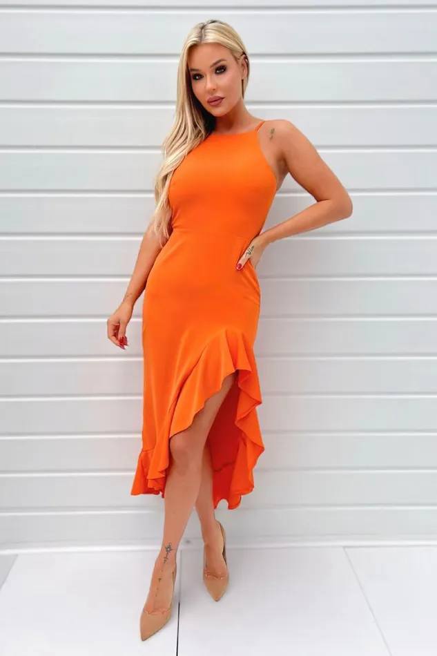 AX Paris Blood Orange High Neck Frill Hem Midi Dress Women Dresses