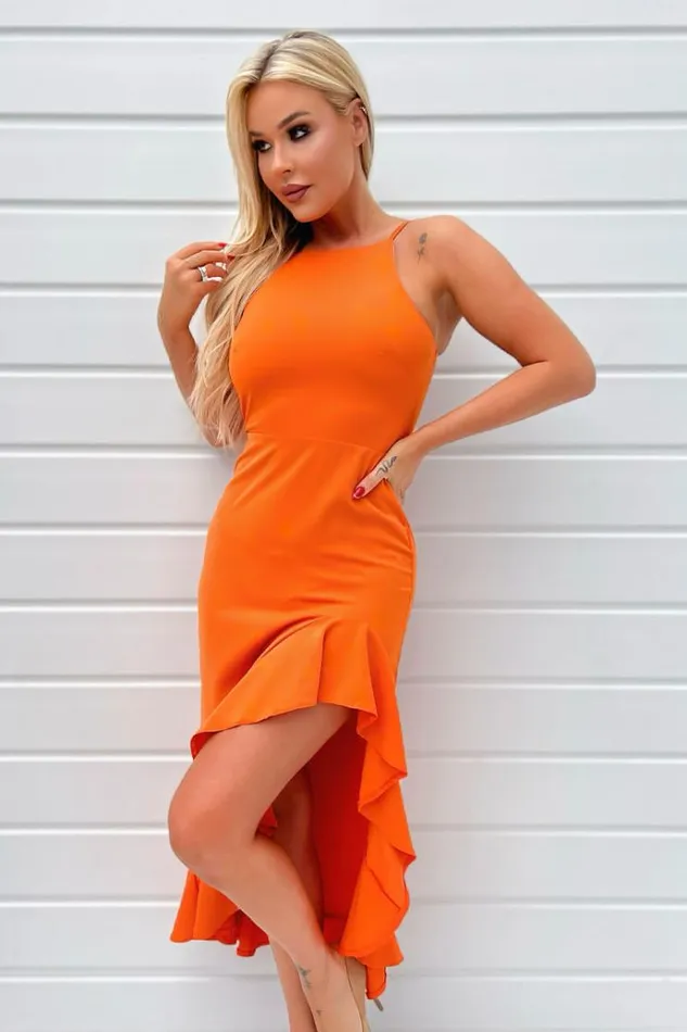 AX Paris Blood Orange High Neck Frill Hem Midi Dress Women Dresses
