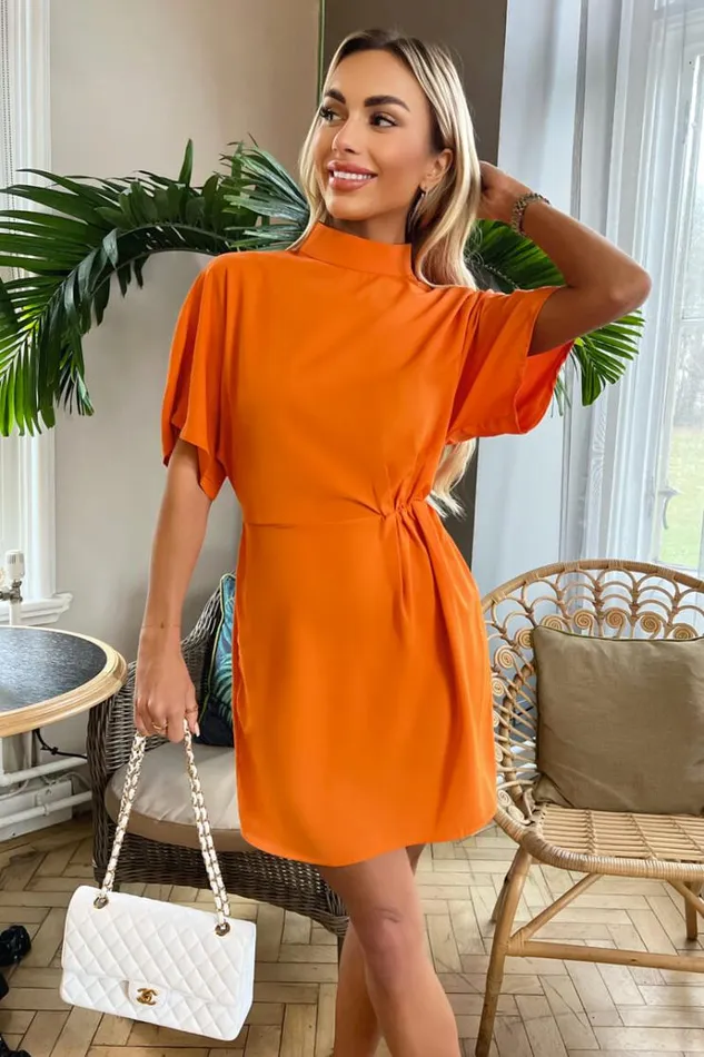 AX Paris Blood Orange High Neck Gathered Waist Detail Shift Dress Women Dresses