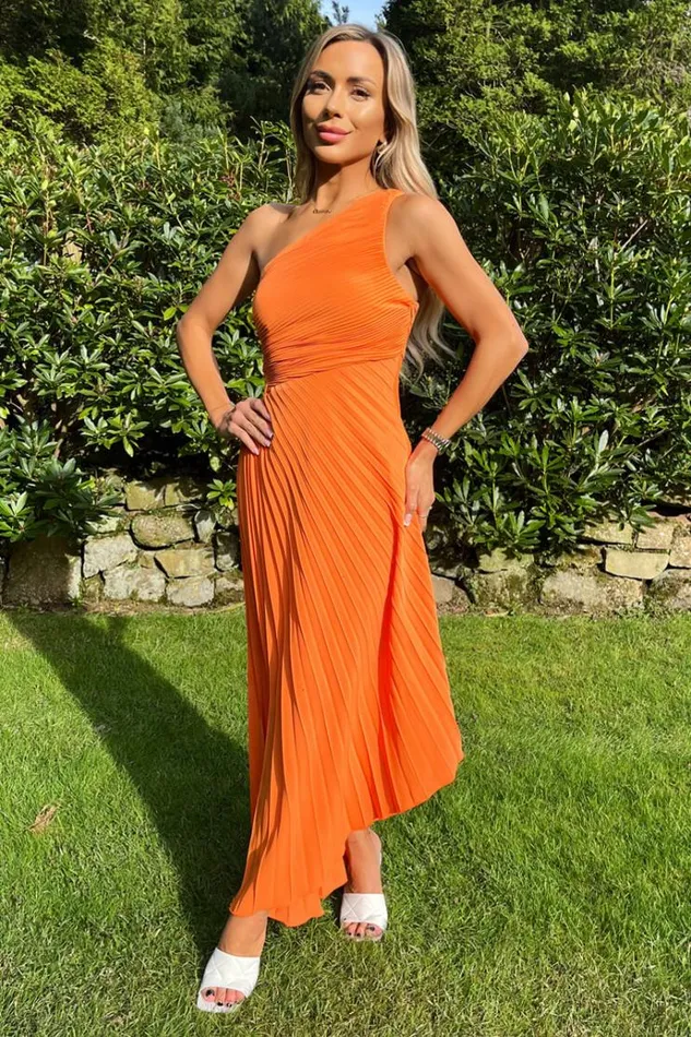 AX Paris Blood Orange One Shoulder Cut Out Pleated Midi Dress Women Dresses