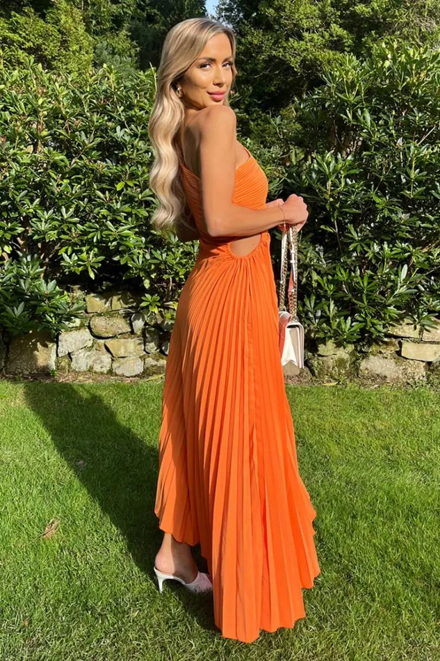 AX Paris Blood Orange One Shoulder Cut Out Pleated Midi Dress Women Dresses