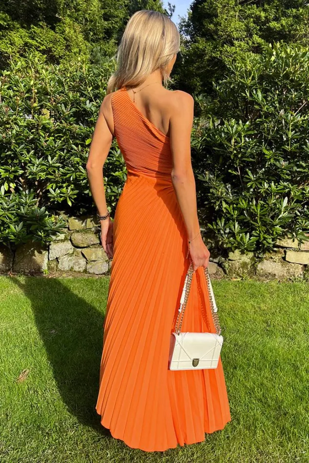 AX Paris Blood Orange One Shoulder Cut Out Pleated Midi Dress Women Dresses