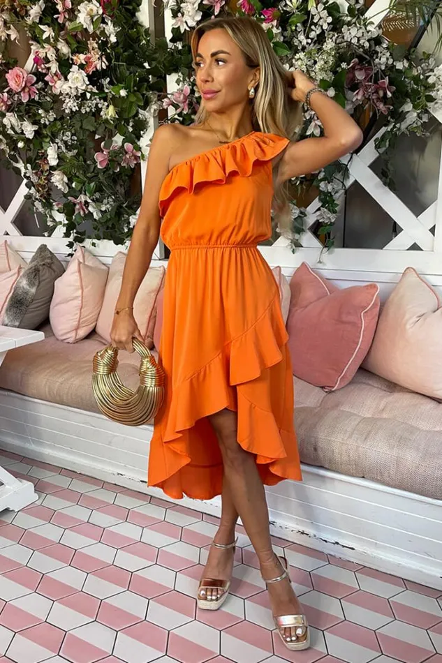 AX Paris Blood Orange One Shoulder Frill Detail Dipped Hem Dress Women Dresses