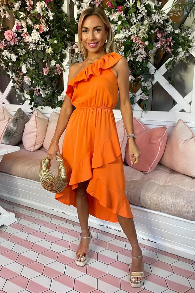 AX Paris Blood Orange One Shoulder Frill Detail Dipped Hem Dress Women Dresses