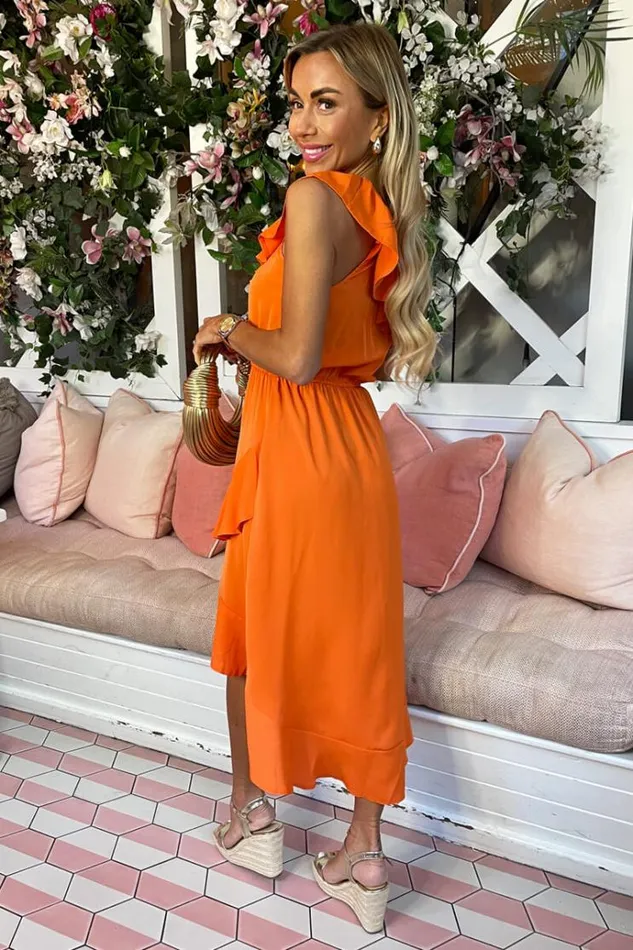 AX Paris Blood Orange One Shoulder Frill Detail Dipped Hem Dress Women Dresses