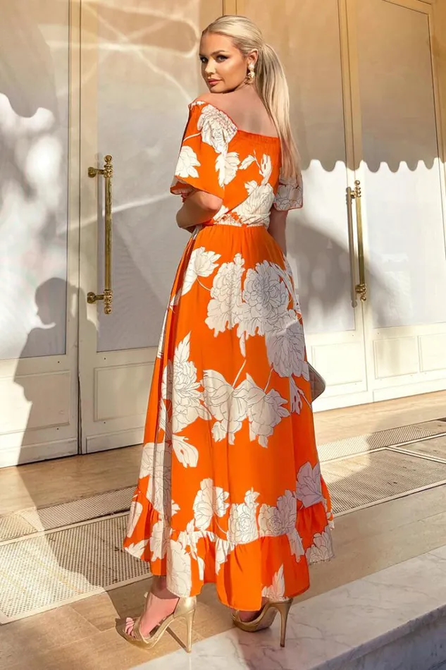 AX Paris Blood Orange Printed Bardot Style Midi Dress Women Dresses
