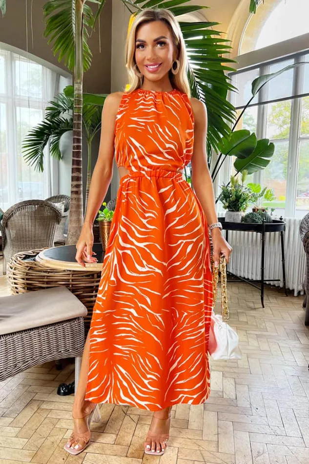 AX Paris Blood Orange Printed Cut Out Midi Dress Women Dresses