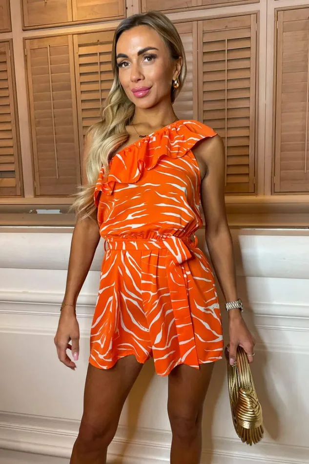 AX Paris Blood Orange Printed One Shoulder Playsuit Women Jumpsuits And Playsuits