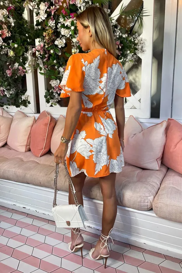 AX Paris Blood Orange Printed Short Sleeve Gathered Mini Dress Women Dresses