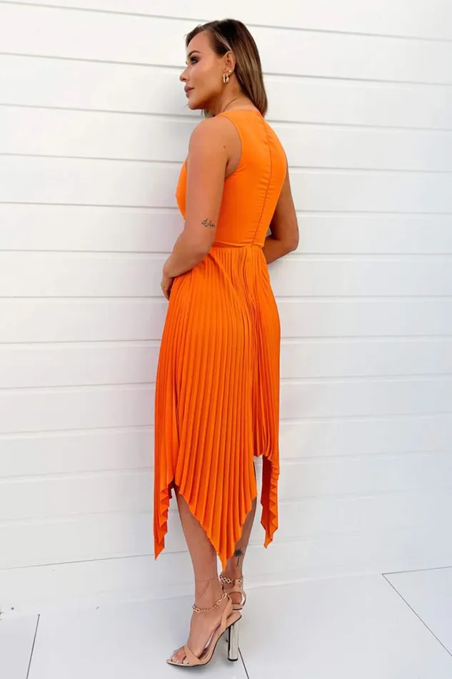 AX Paris Blood Orange VNeck Pleated Skirt Midi Dress Women Dresses