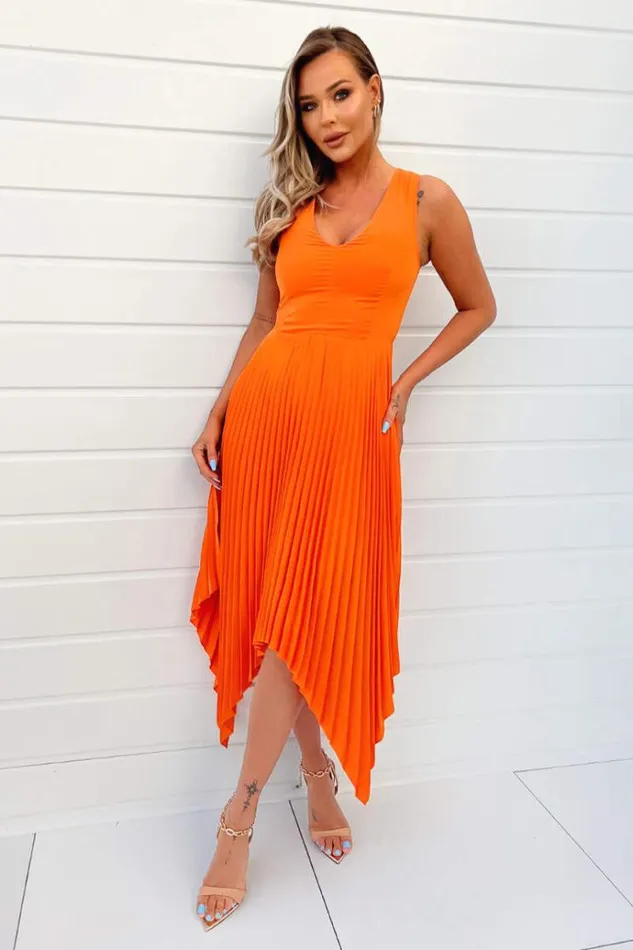 AX Paris Blood Orange VNeck Pleated Skirt Midi Dress Women Dresses