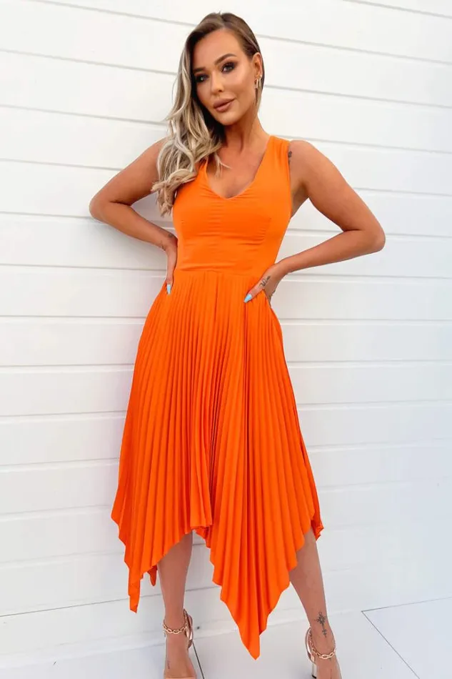 AX Paris Blood Orange VNeck Pleated Skirt Midi Dress Women Dresses