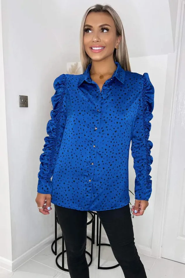 AX Paris Blue And Black Printed Long Ruched Sleeve Shirt Women Tops