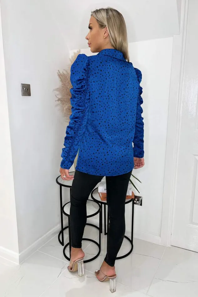 AX Paris Blue And Black Printed Long Ruched Sleeve Shirt Women Tops