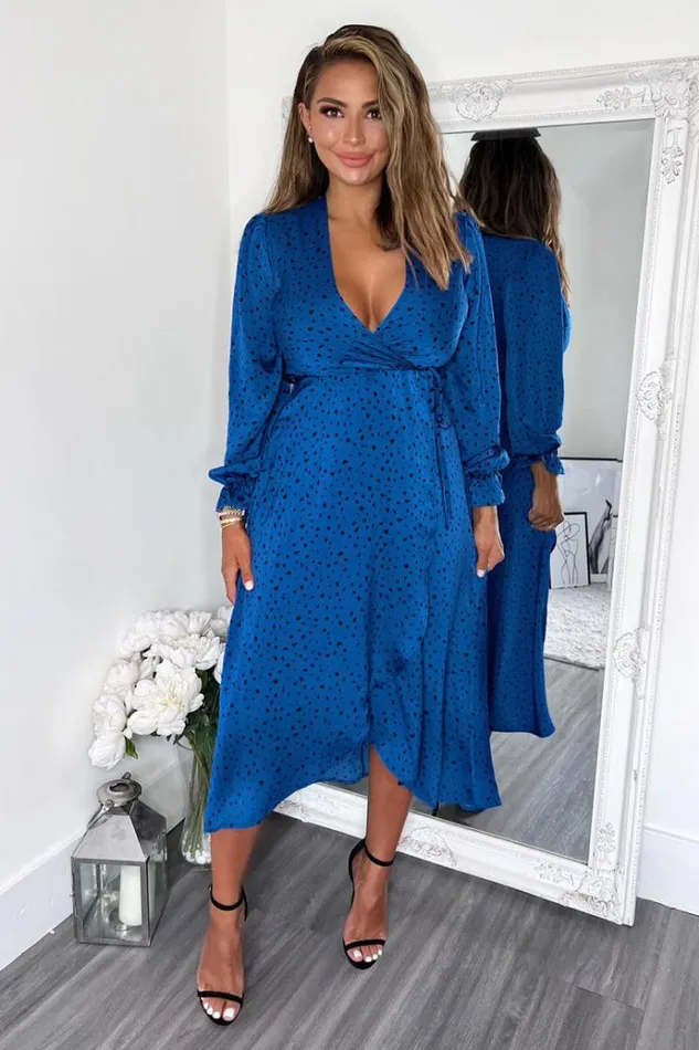 AX Paris Blue And Black Printed Wrap Midi Dress Women Dresses