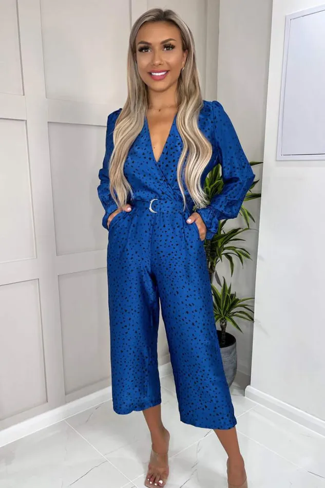 AX Paris Blue And Black Printed Wrap Over Belted Jumpsuit Women Jumpsuits And Playsuits