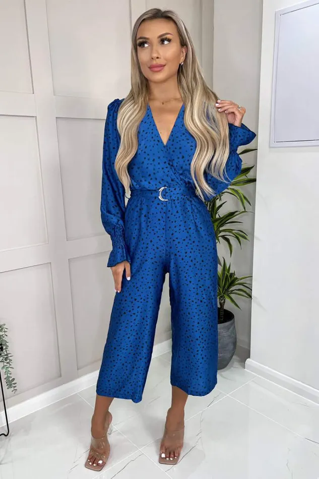 AX Paris Blue And Black Printed Wrap Over Belted Jumpsuit Women Jumpsuits And Playsuits