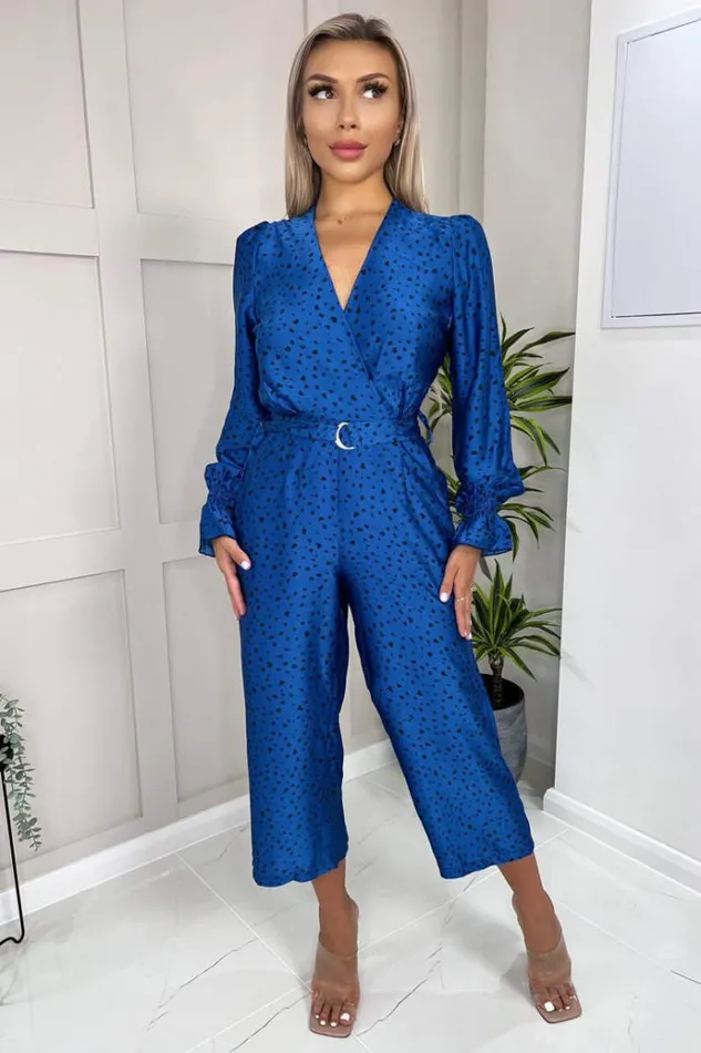 AX Paris Blue And Black Printed Wrap Over Belted Jumpsuit Women Jumpsuits And Playsuits