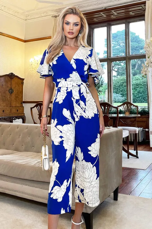 AX Paris Blue And Cream Floral Printed Butterfly Sleeve Belted Jumpsuit Women Jumpsuits And Playsuits AX Paris Blue And Cream Floral Printed Butterfly Sleeve Belted Jumpsuit Women Jumpsuits And Playsuits
