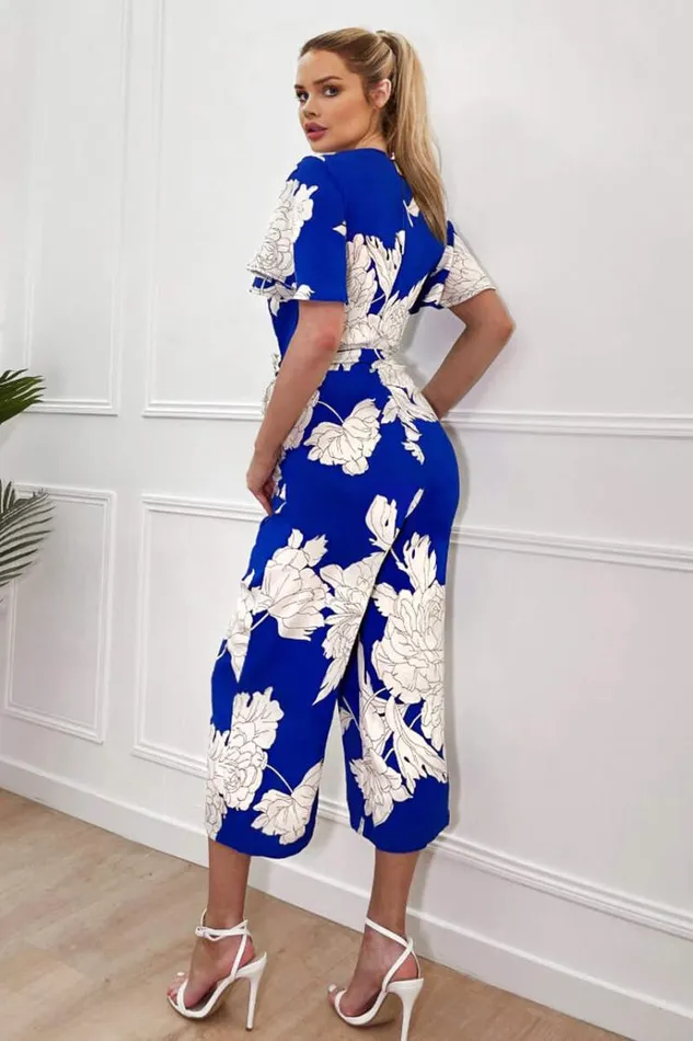 AX Paris Blue And Cream Floral Printed Butterfly Sleeve Belted Jumpsuit Women Jumpsuits And Playsuits